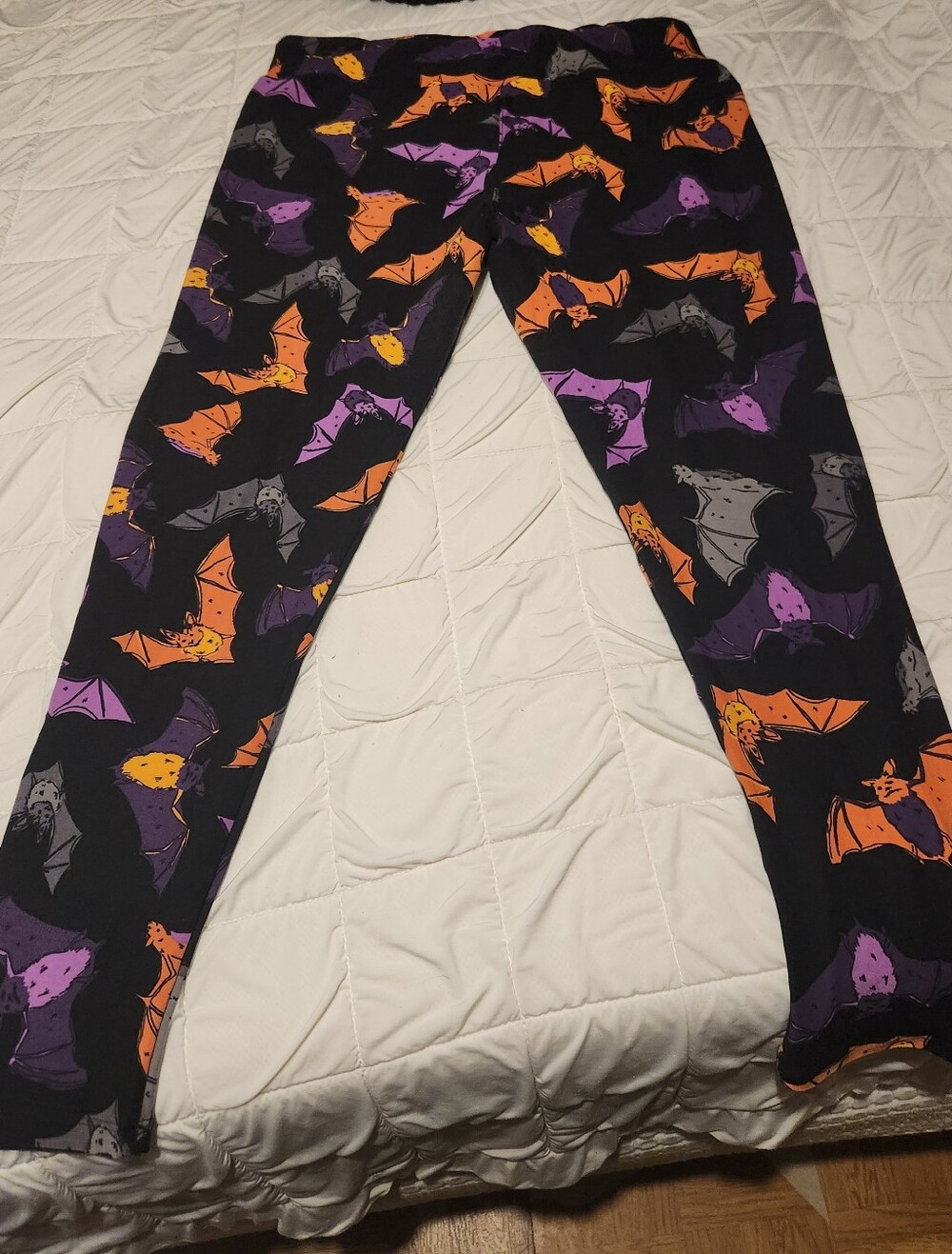 LuLaRoe Black Leggings with Orange, Purple & Gray Bat Print